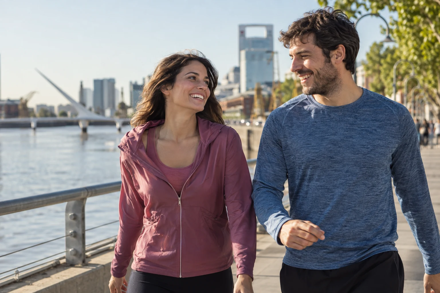 Dos personas disfrutando una caminata al aire libre junto al río